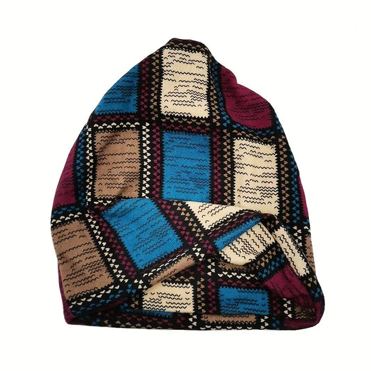 Autumn & Winter Vintage Printed Beanie - Classic Color Block Elastic Slouchy Skull Cap Boho Neck Gaiter Windproof for Women Men
