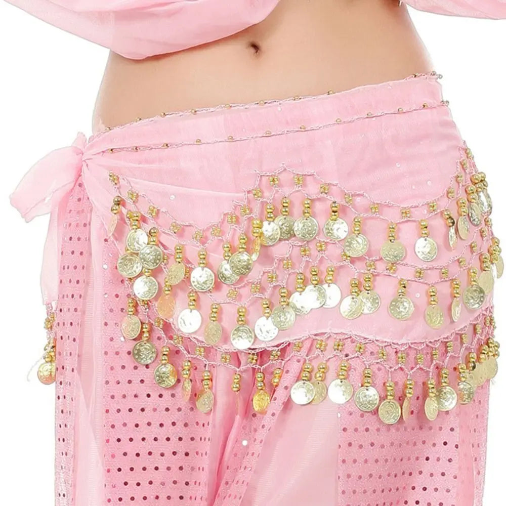 Pink belly dance hip scarf with gold sequins and tassels for sexy dancer costumes.
