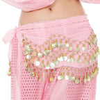 Pink belly dance hip scarf with gold sequins and tassels for sexy dancer costumes.