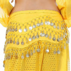 Yellow belly dance hip scarf with silver coin tassels and sequins for sexy dancer costumes
