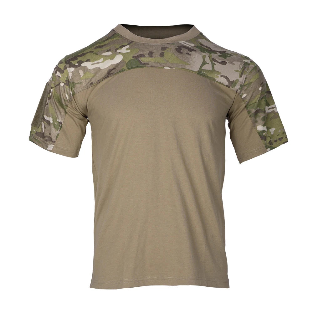 Mandotos International mens tactical combat shirt with multicam camouflage sleeves and tan body