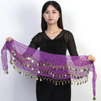 Woman holding a purple Mandotos International belly dance hip scarf with gold coins
