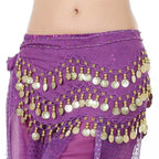 Purple belly dance hip scarf with gold sequins and hanging coins for sexy dance costumes