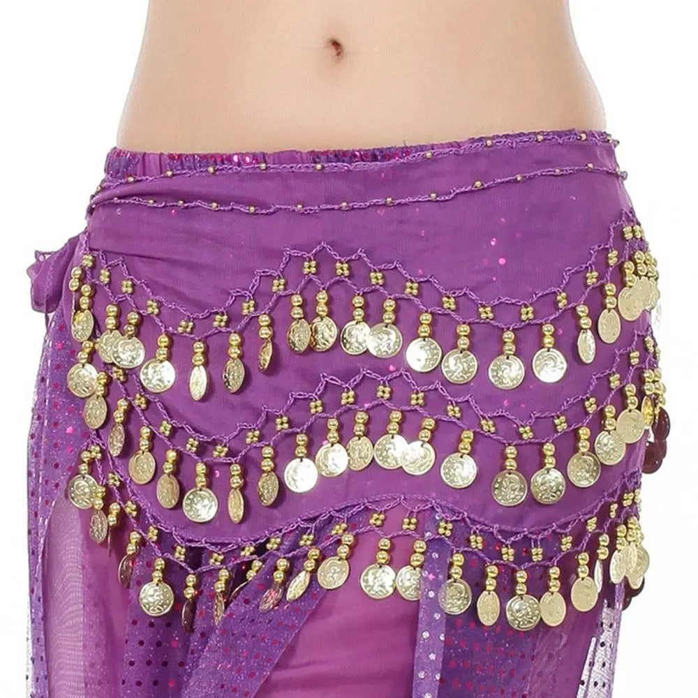 Purple belly dance hip scarf with gold sequins and hanging coins for sexy dance costumes