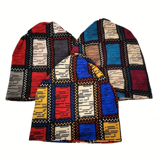 Autumn & Winter Vintage Printed Beanie - Classic Color Block Elastic Slouchy Skull Cap Boho Neck Gaiter Windproof for Women Men