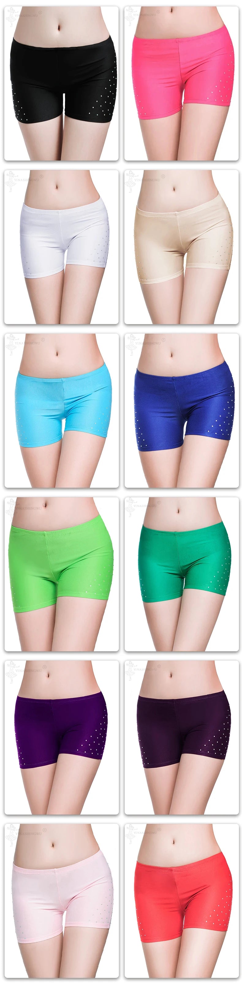 Mandotos International colorful belly dance safety shorts with diamond embellishments.