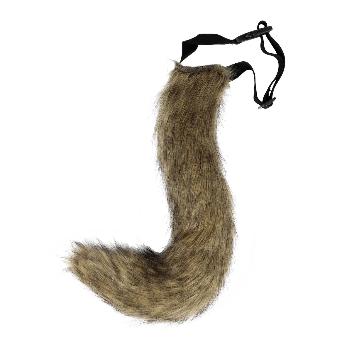 Brown faux fur fox tail cosplay prop with black adjustable strap for Halloween costumes.