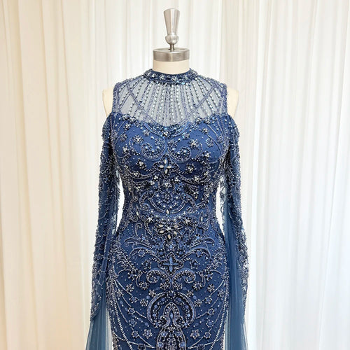 Eshaut&bridal Luxury Beaded Evening Dress Cape Sleeve Dubai Sheer Neck Mermaid Formal Prom Wedding Party Gown Customized 2026