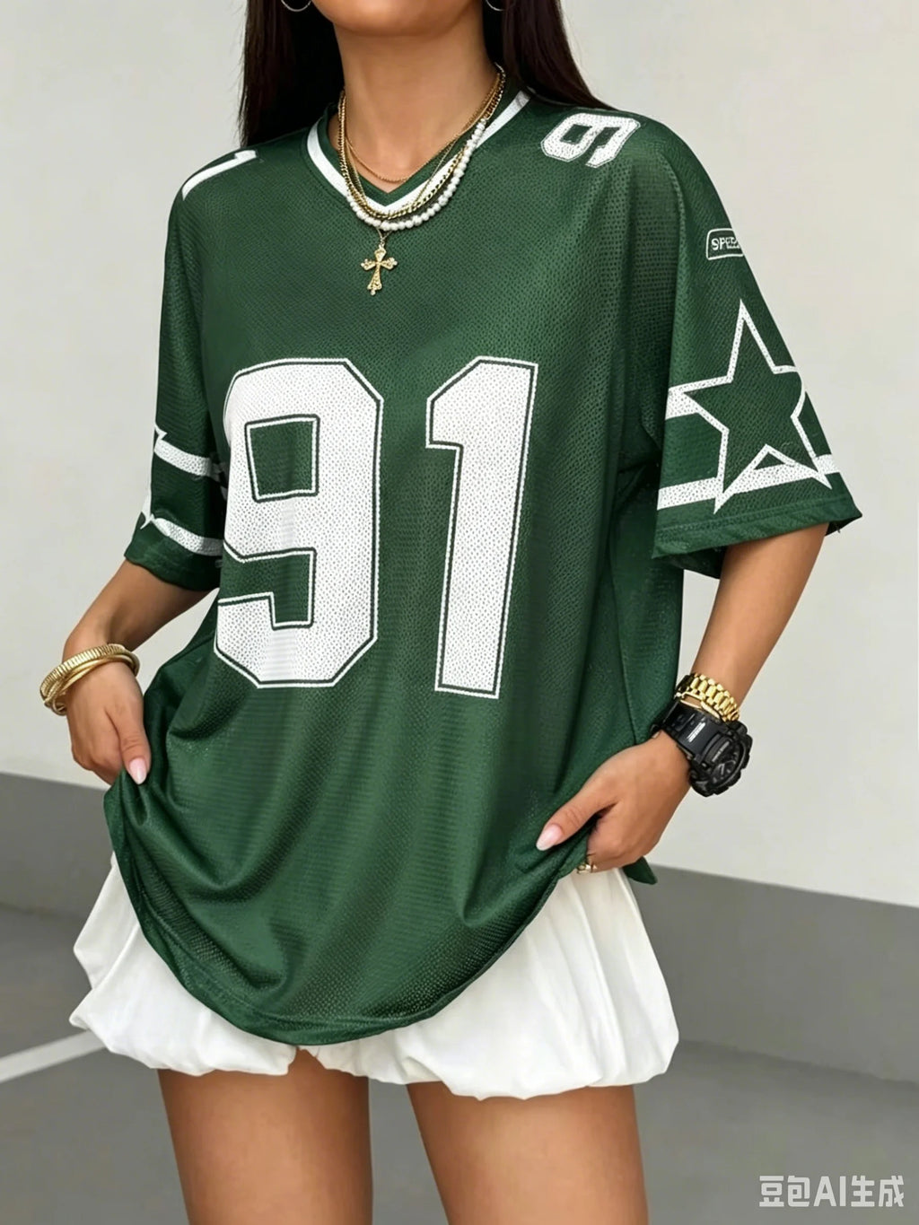 Woman wearing a green Mandotos International oversized jersey with white number 91 print.