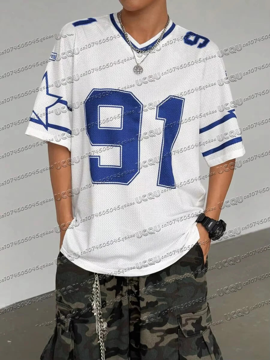 Woman wearing a white mesh sports jersey with blue number 91 print and street wear style.