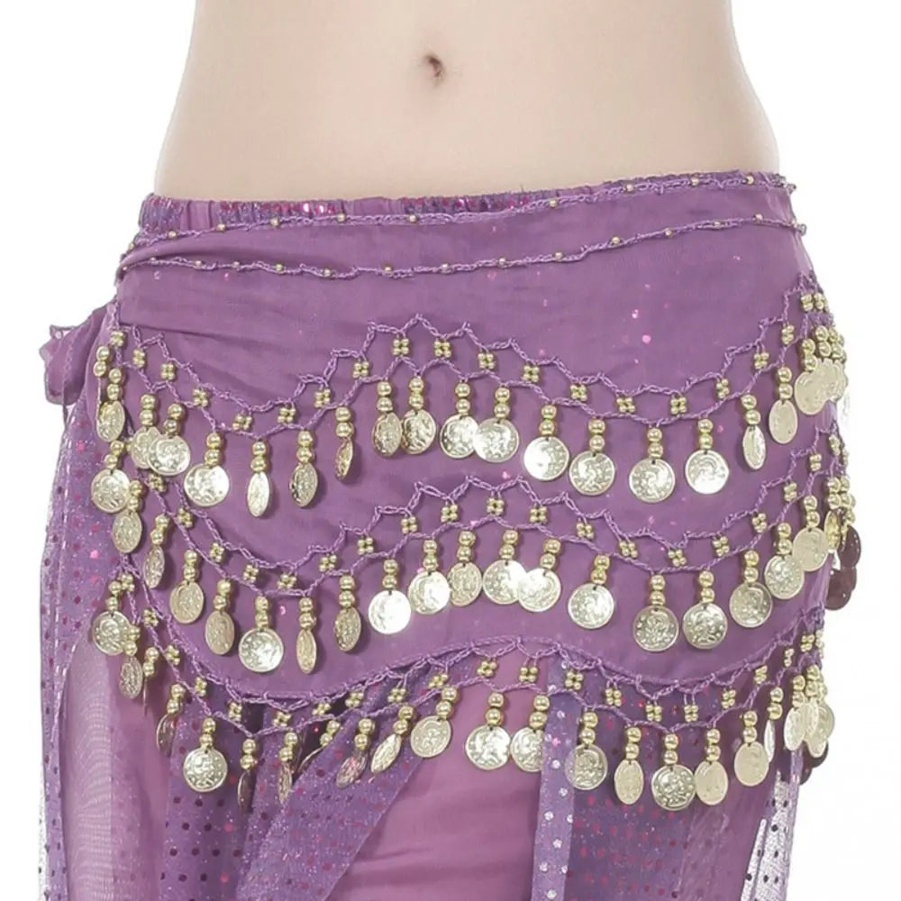 Purple belly dance hip scarf wrap belt with gold sequins and coin tassels