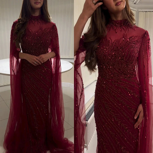Eshaut&bridal Luxury Beaded Evening Dress Cape Sleeve Dubai Sheer Neck Mermaid Formal Prom Wedding Party Gown Customized 2026