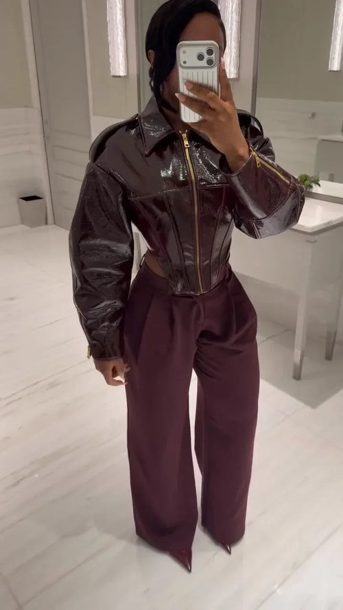 Coated Women Cinched-waist Leather Jacket RetroCasual Lapel Full Sleeve Zipper Bomber Coats Lady Daily High Street Outwear 2026