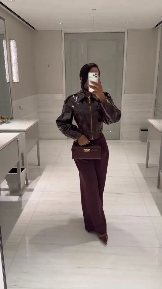 Coated Women Cinched-waist Leather Jacket RetroCasual Lapel Full Sleeve Zipper Bomber Coats Lady Daily High Street Outwear 2026