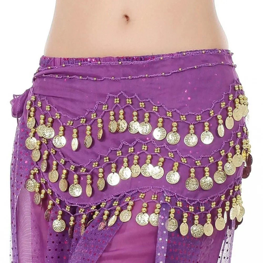 Purple belly dance hip scarf with gold sequins and dangling coin tassels.