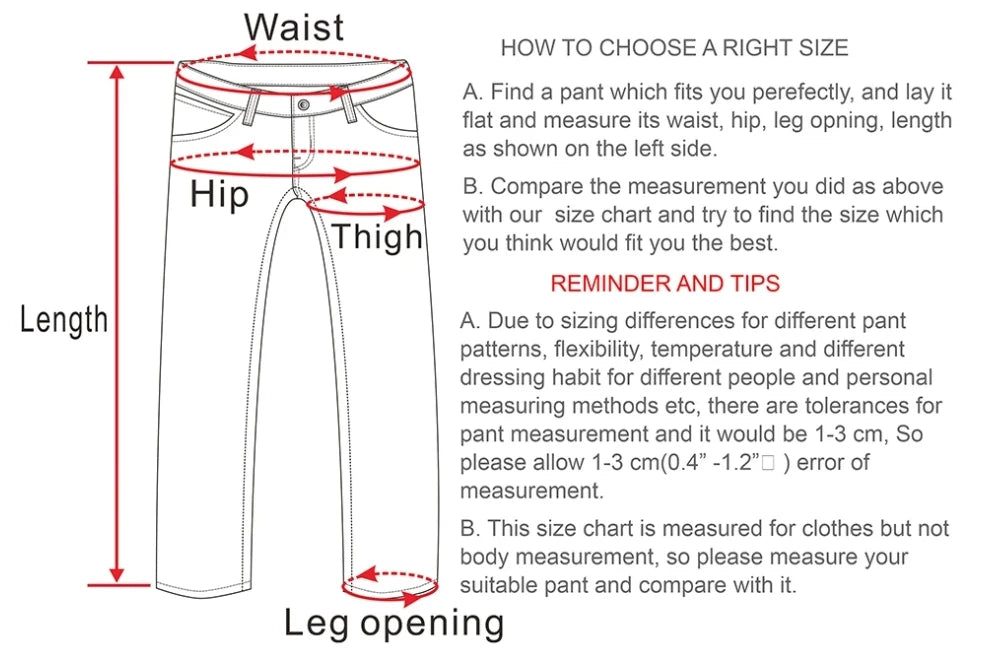 Size guide diagram for men's cargo pants showing waist, hip, thigh, length, and leg opening.