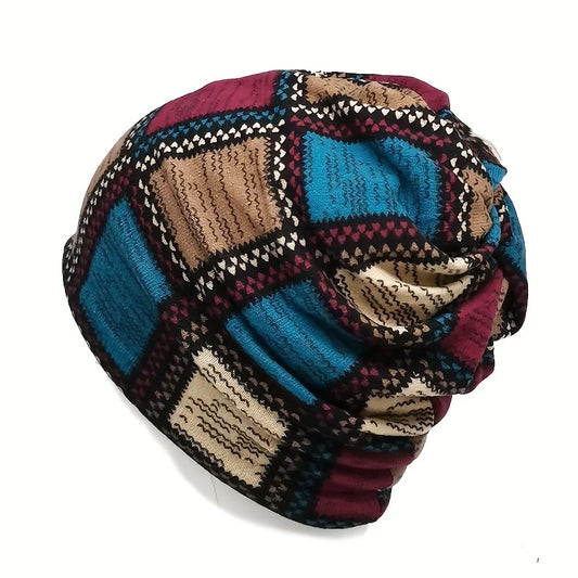 Autumn & Winter Vintage Printed Beanie - Classic Color Block Elastic Slouchy Skull Cap Boho Neck Gaiter Windproof for Women Men