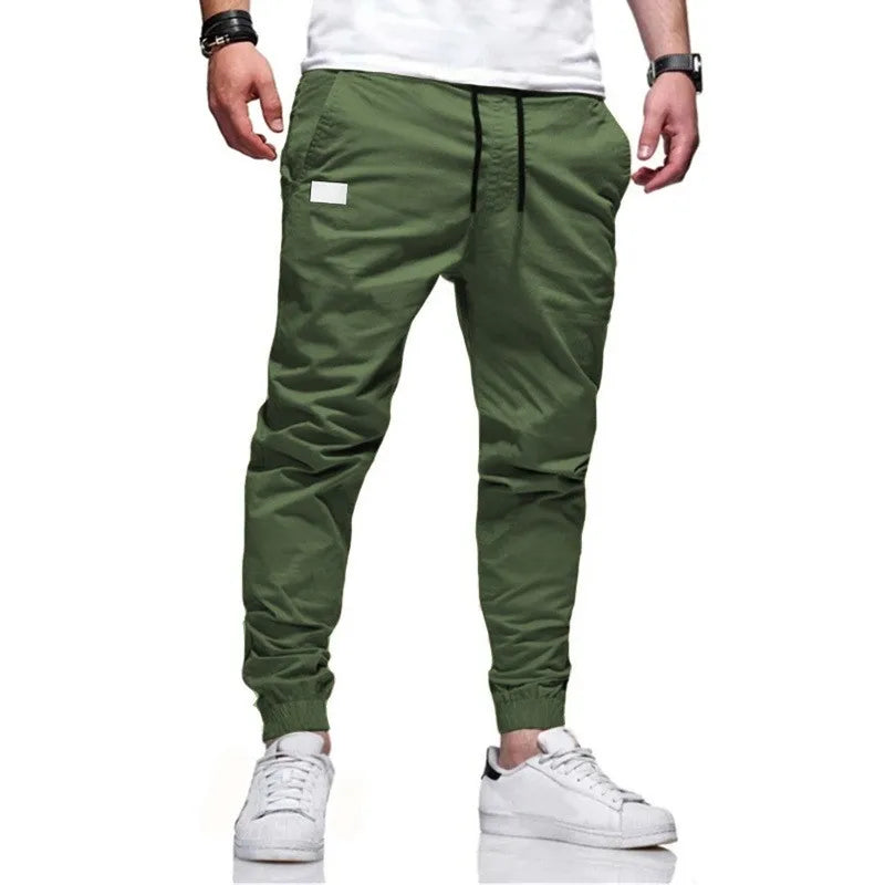 Men's olive green cargo jogger sweatpants with multi-pockets and drawstring waist.