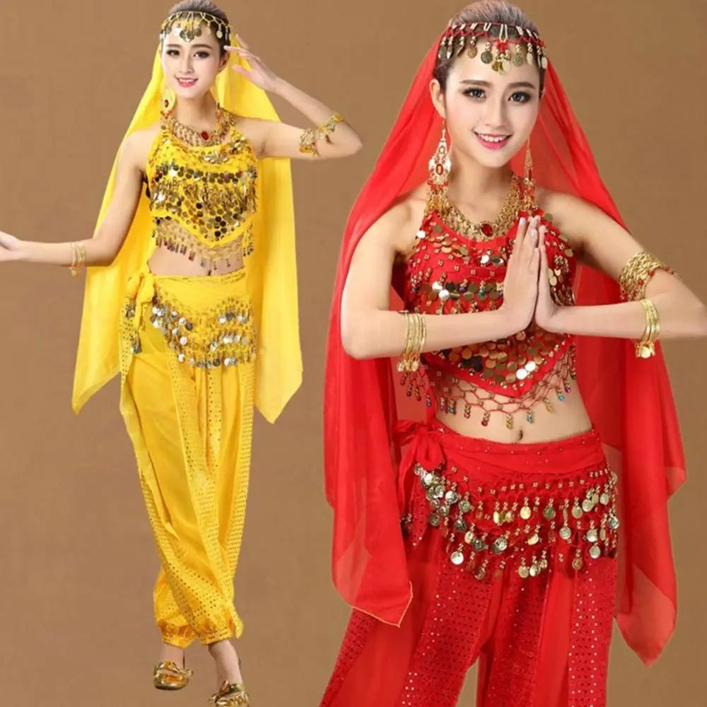 Two women wearing yellow and red Mandotos International belly dance costumes with sequins and tassels