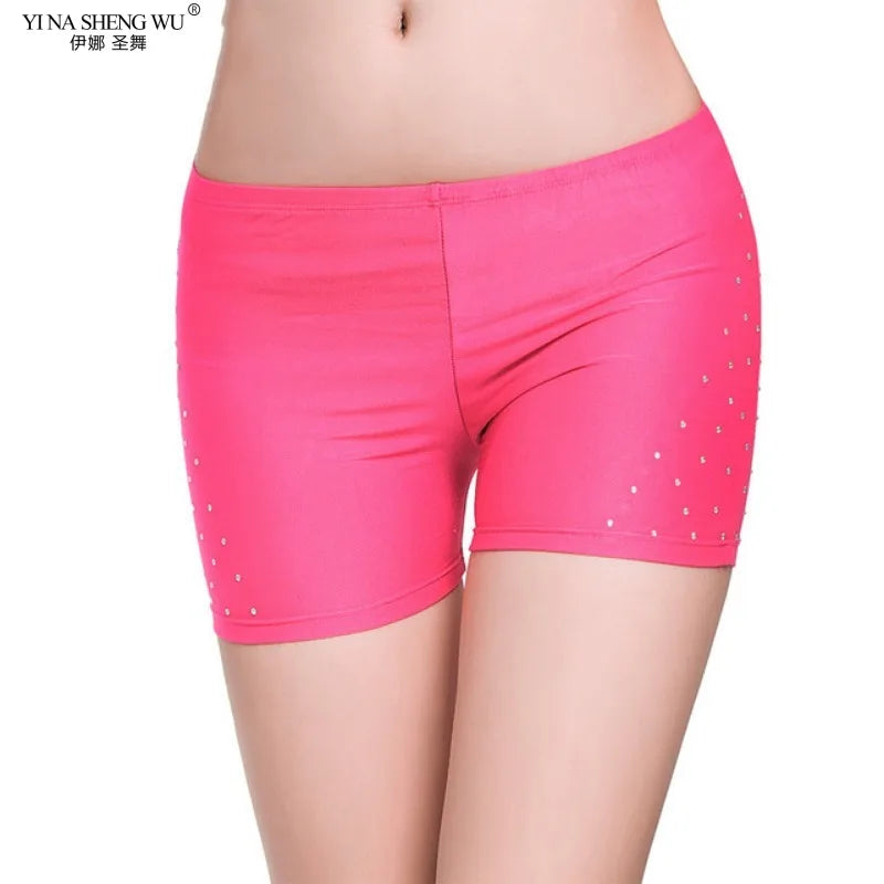 Pink belly dance safety shorts with sparkling diamond embellishments by Mandotos International