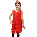 Girl wearing a red flapper dress with fringe and a feathered headband by Mandotos International