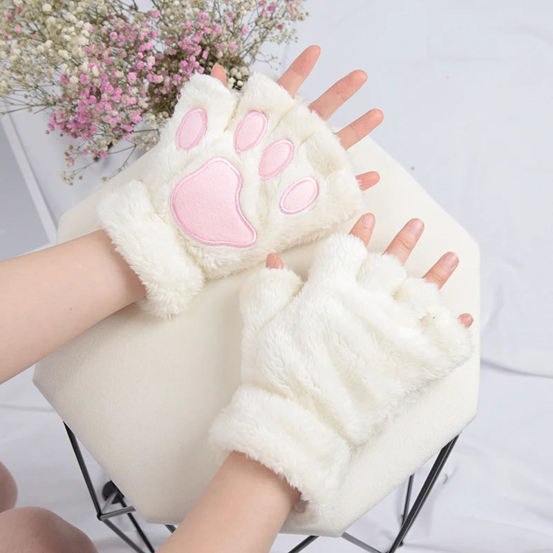 Kawaii white plush fingerless cat paw gloves for women by Mandotos International