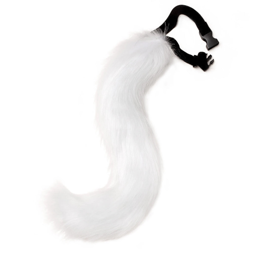 White plush fox tail with a black clip-on attachment for cosplay and Halloween costumes