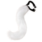 White plush fox tail with a black clip-on attachment for cosplay and Halloween costumes