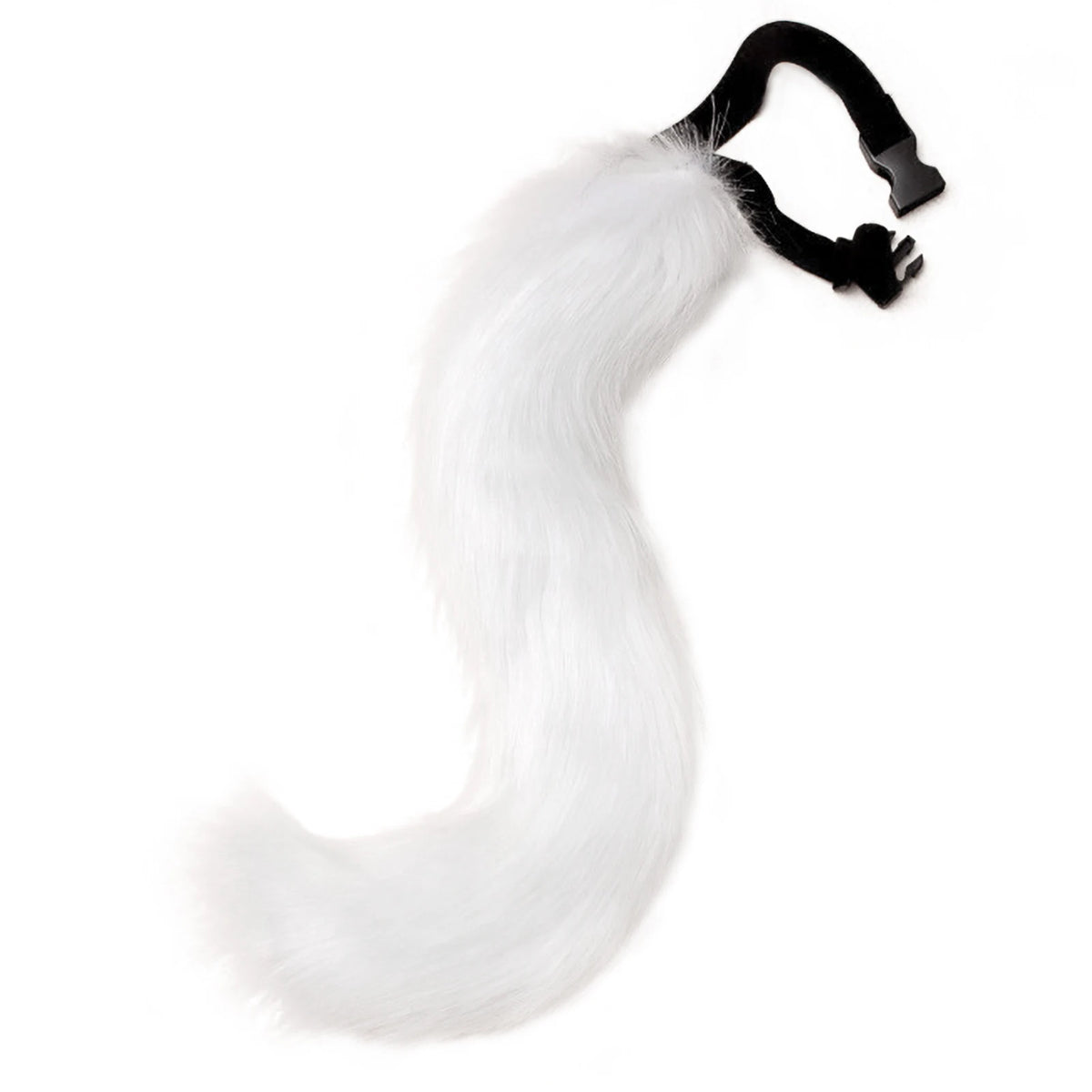 White plush fox tail with a black clip-on attachment for cosplay and Halloween costumes