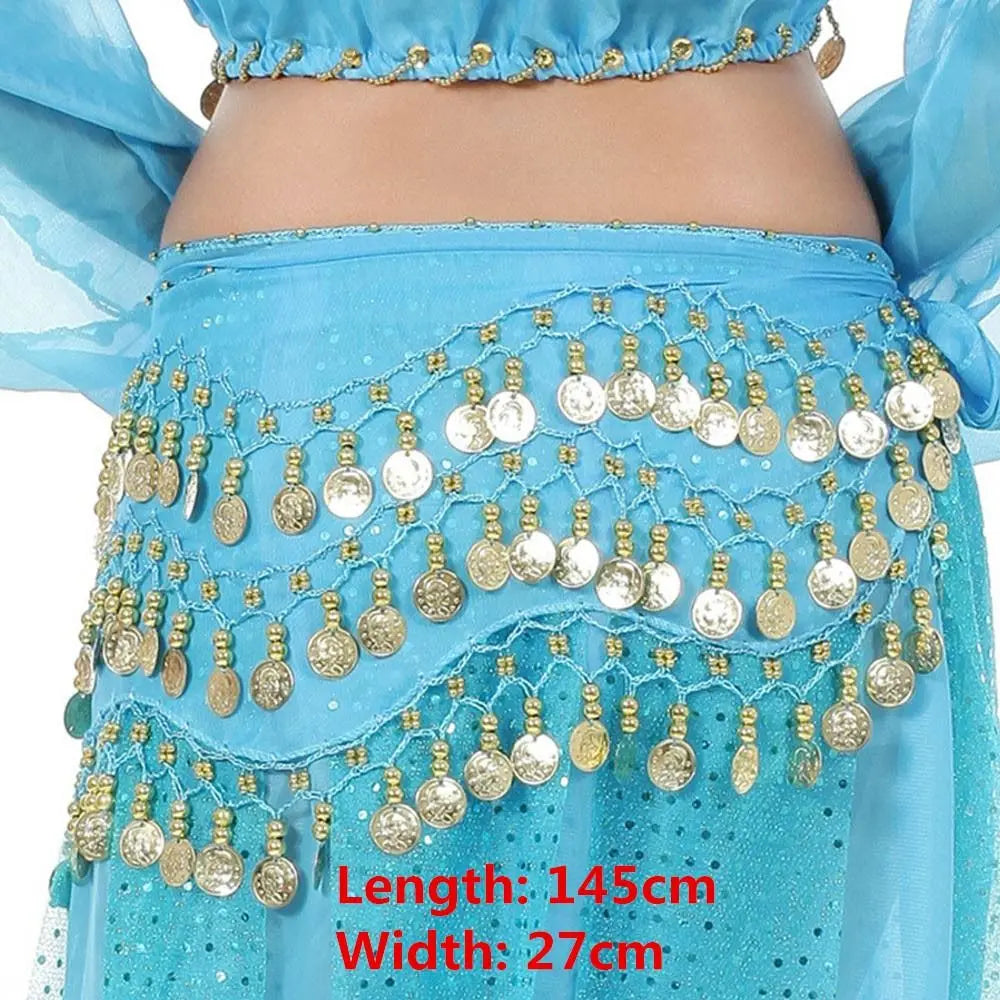 Blue belly dance hip scarf wrap belt with gold sequins and coins, 145cm x 27cm