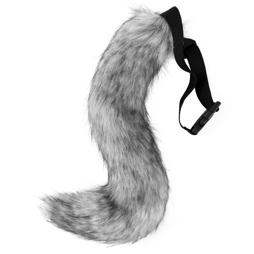 Grey and white faux fur fox tail accessory for cosplay and Halloween costumes.