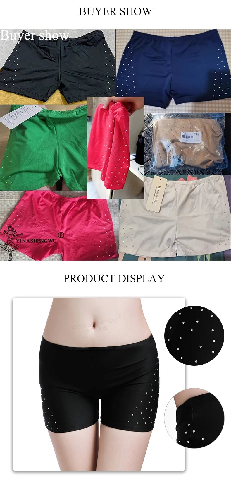 Mandotos International belly dance safety shorts in black, blue, green, pink, and beige with diamonds.