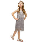 Girl in silver sequin fringe flapper dress with feather headband for carnival or Latin dance.