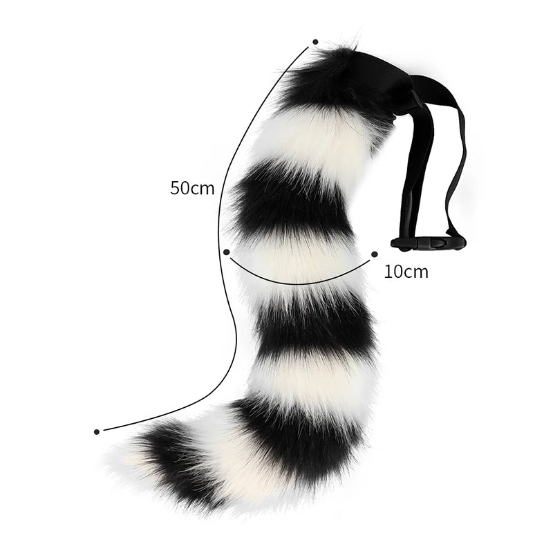 Black and white striped plush raccoon tail cosplay prop with 50cm length and 10cm base.