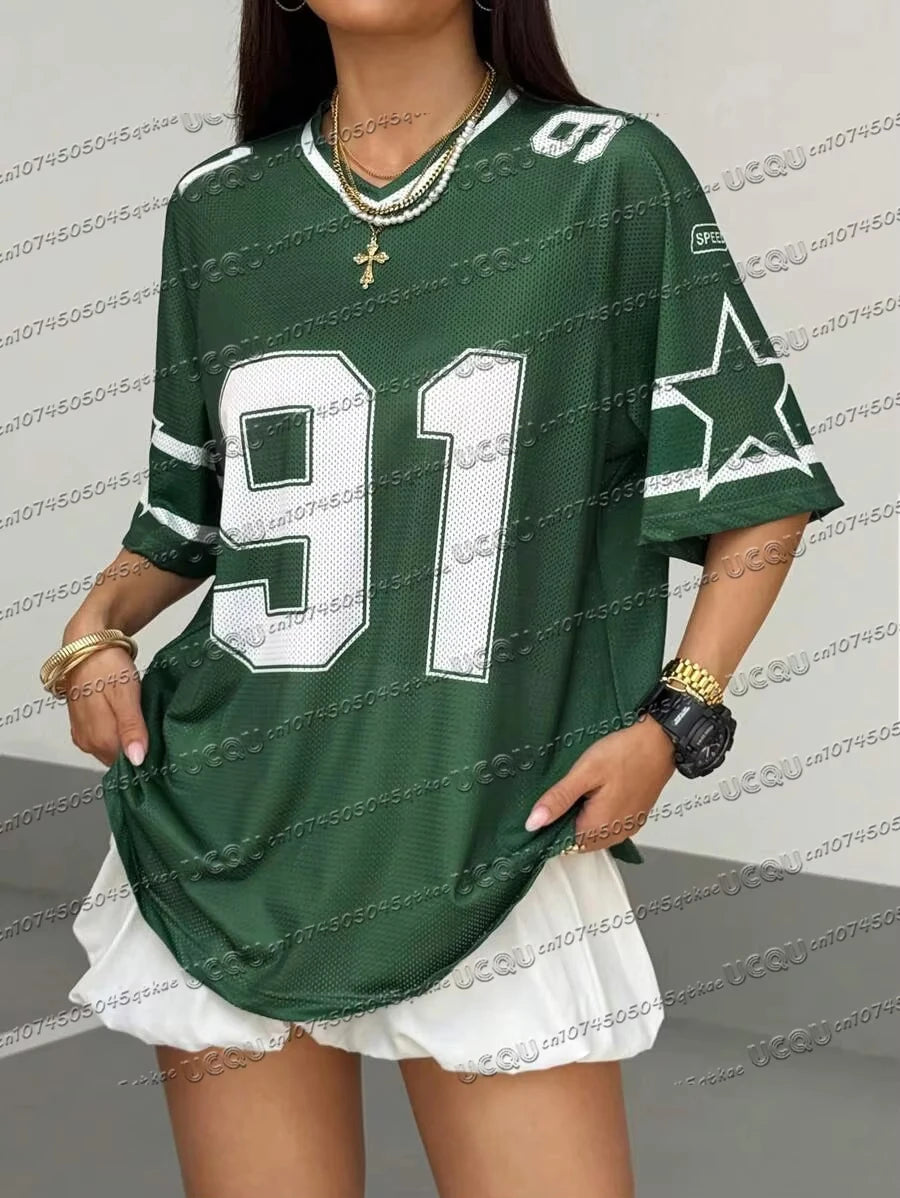 Women's green oversized jersey t-shirt with white number 91 digital fashion print.