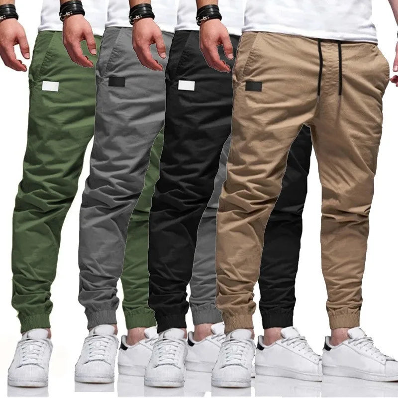 Men's casual jogger cargo pants in olive green, grey, black, and khaki colors.
