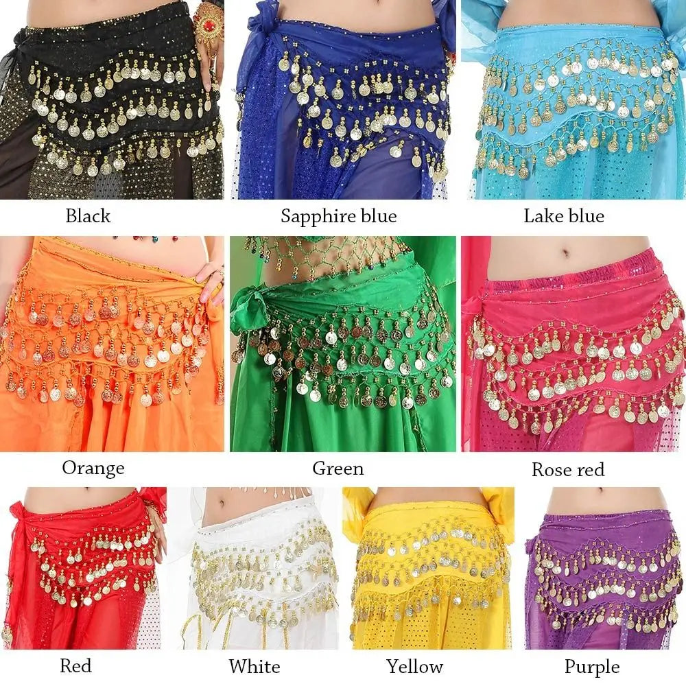 Mandotos International belly dance hip scarves with coin tassels in various colors