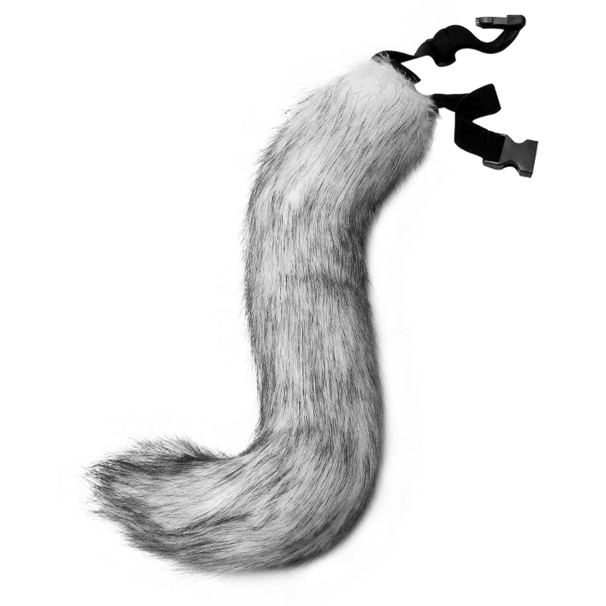Grey faux fur fox tail cosplay prop for Halloween and anime role play accessories.