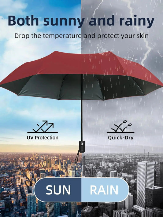 Black Glue Fully Automatic Umbrella - Thick Durable Three-Fold UV Resistant Folding Design for Protection And Style