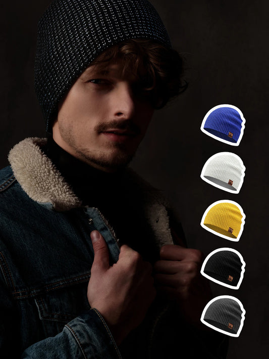 WRELS Winter Knitted Beanie Hats Warm Night Running Reflective Hat Unisex Windproof Ear Protection Cycling Hiking Ski Cap