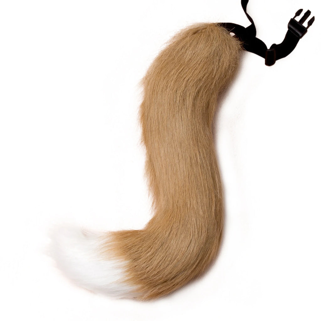 Plush orange fox tail with white tip for anime cosplay and Halloween costume accessories.