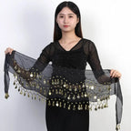 Woman holding a black Mandotos International belly dance hip scarf with gold coin tassels