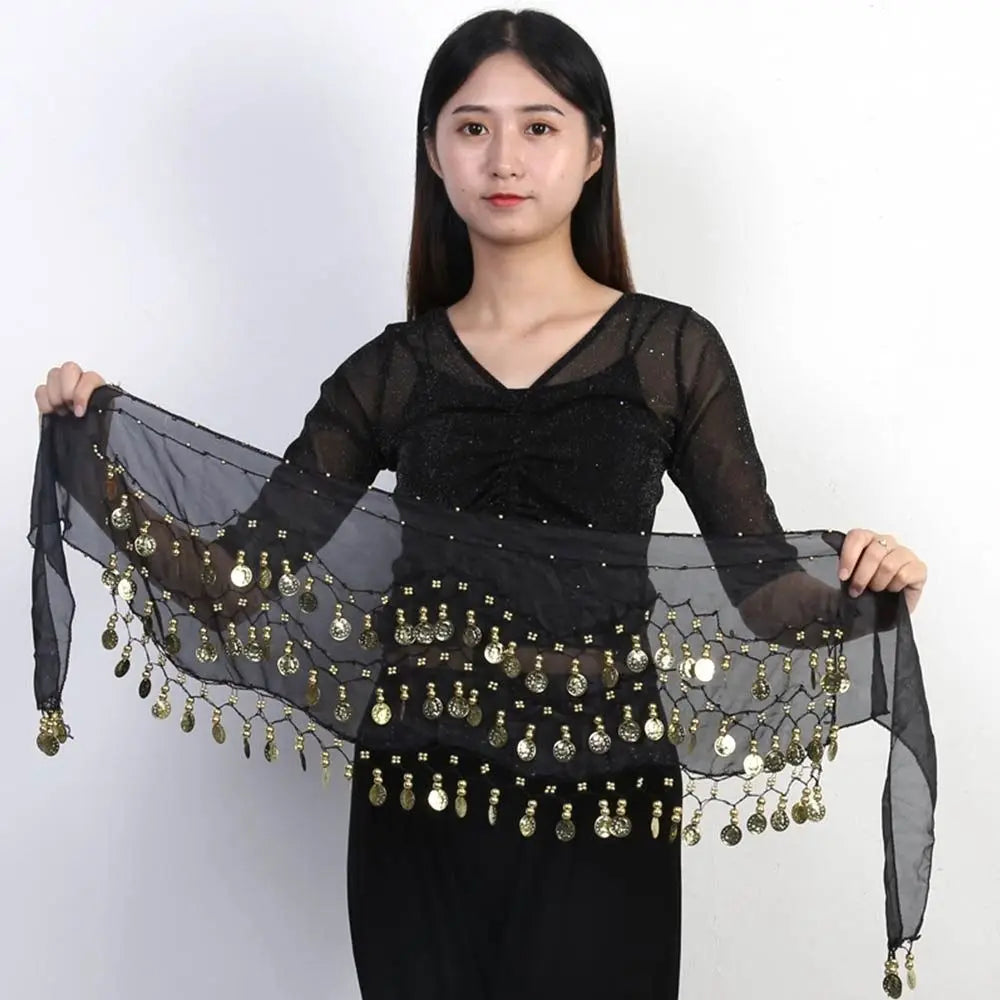Woman holding a black Mandotos International belly dance hip scarf with gold coin tassels