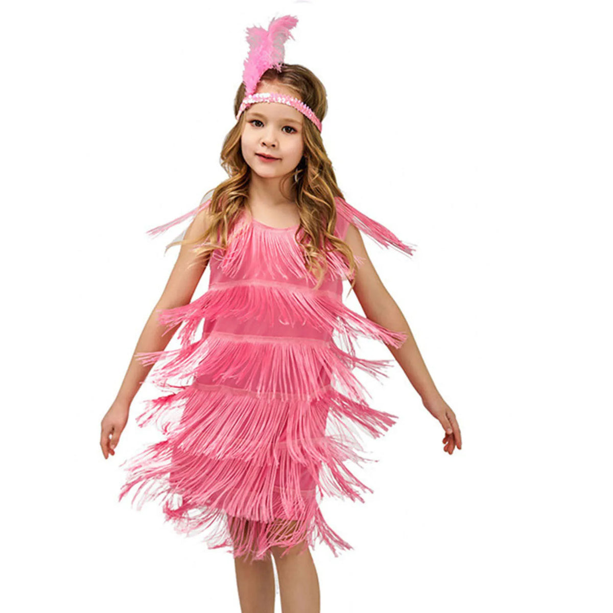 Girl wearing a pink fringe flapper dress with a matching feather headband by Mandotos International