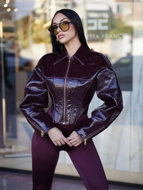 Coated Women Cinched-waist Leather Jacket RetroCasual Lapel Full Sleeve Zipper Bomber Coats Lady Daily High Street Outwear 2026