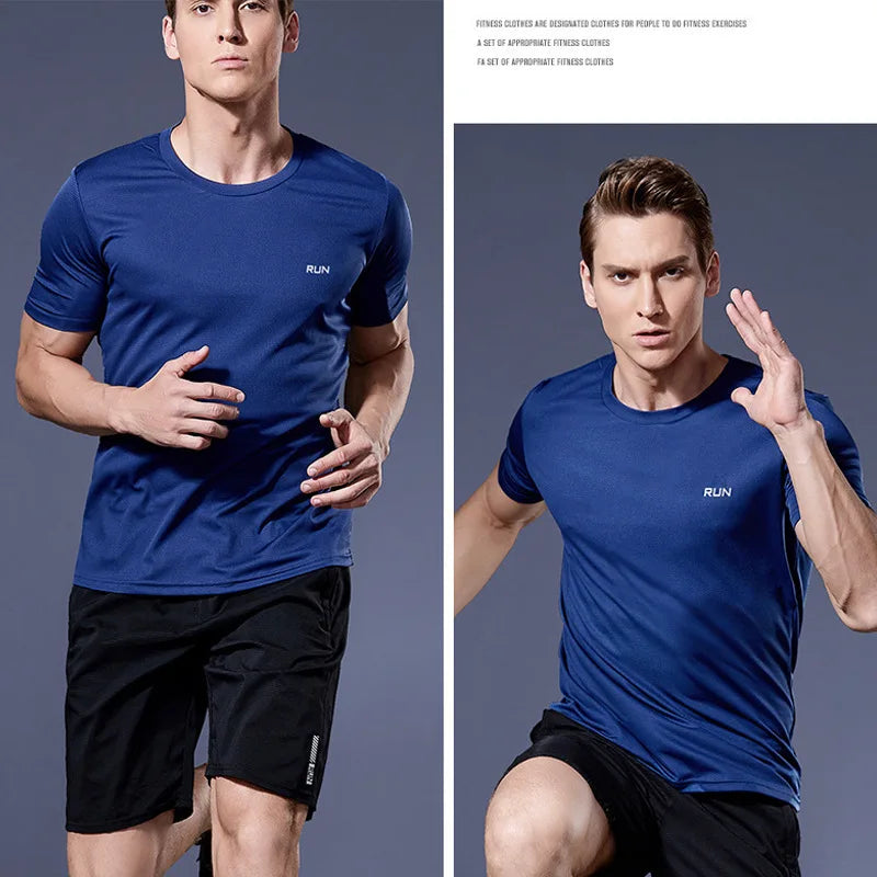 Man wearing a blue Mandotos International quick dry compression running shirt and black shorts.