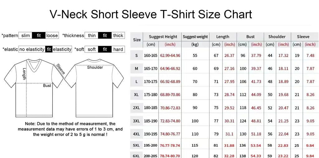 Size chart for Mandotos International V-neck short sleeve T-shirt with measurements in cm and inches.
