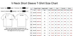 Size chart for Mandotos International V-neck short sleeve T-shirt with measurements in cm and inches.