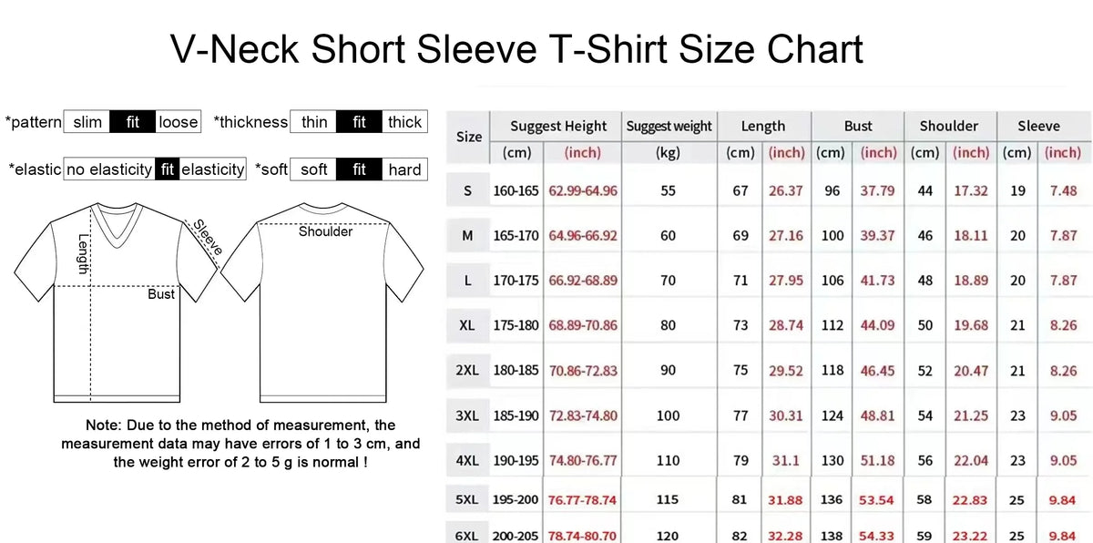 Size chart for Mandotos International V-neck short sleeve T-shirt with measurements in cm and inches.