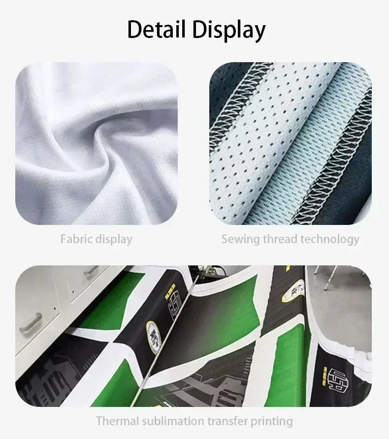 Close-up detail display of fabric texture, sewing thread technology, and thermal sublimation printing.